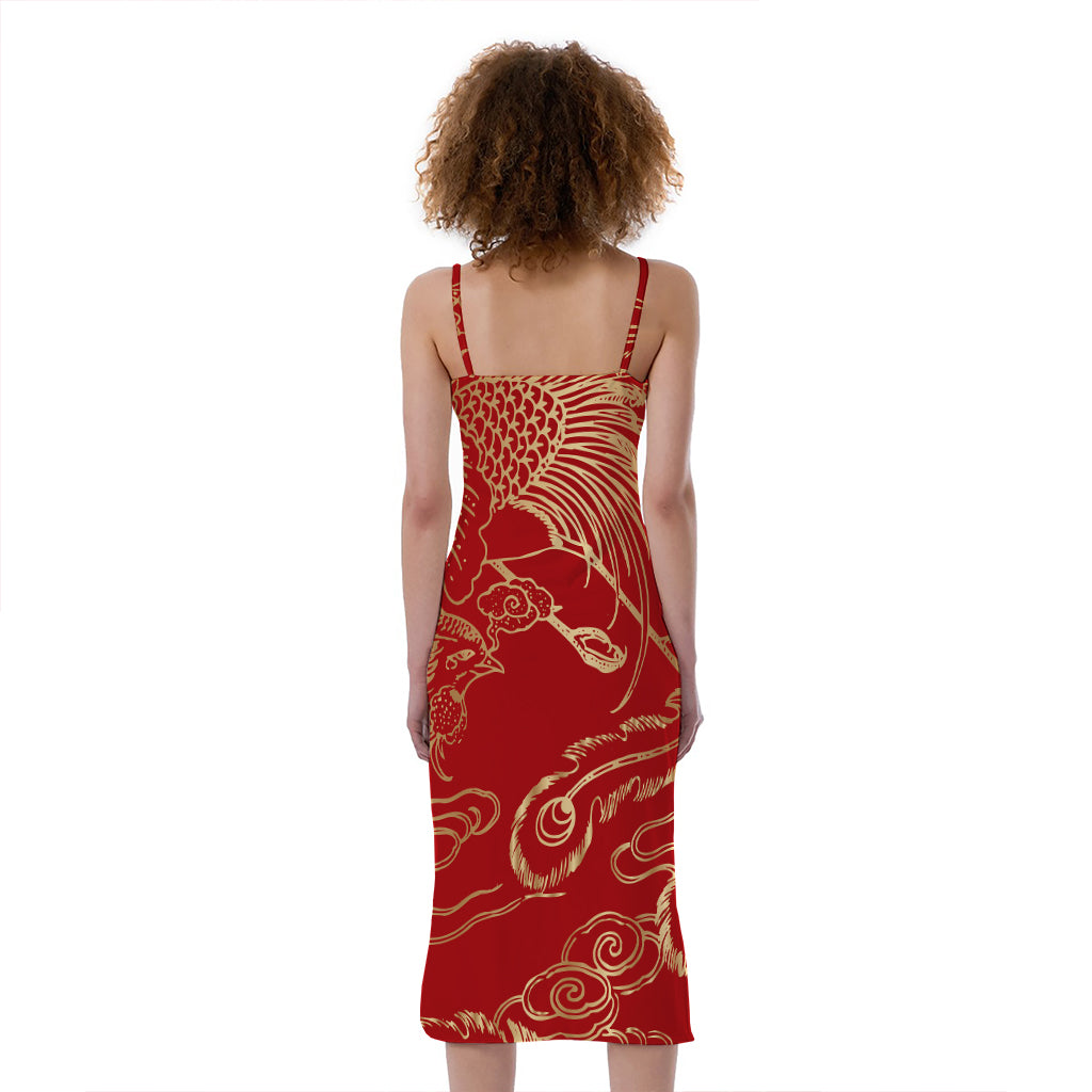 Chinese Phoenix Print Slim Fit Midi Cami Dress