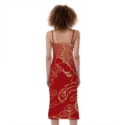 Chinese Phoenix Print Slim Fit Midi Cami Dress