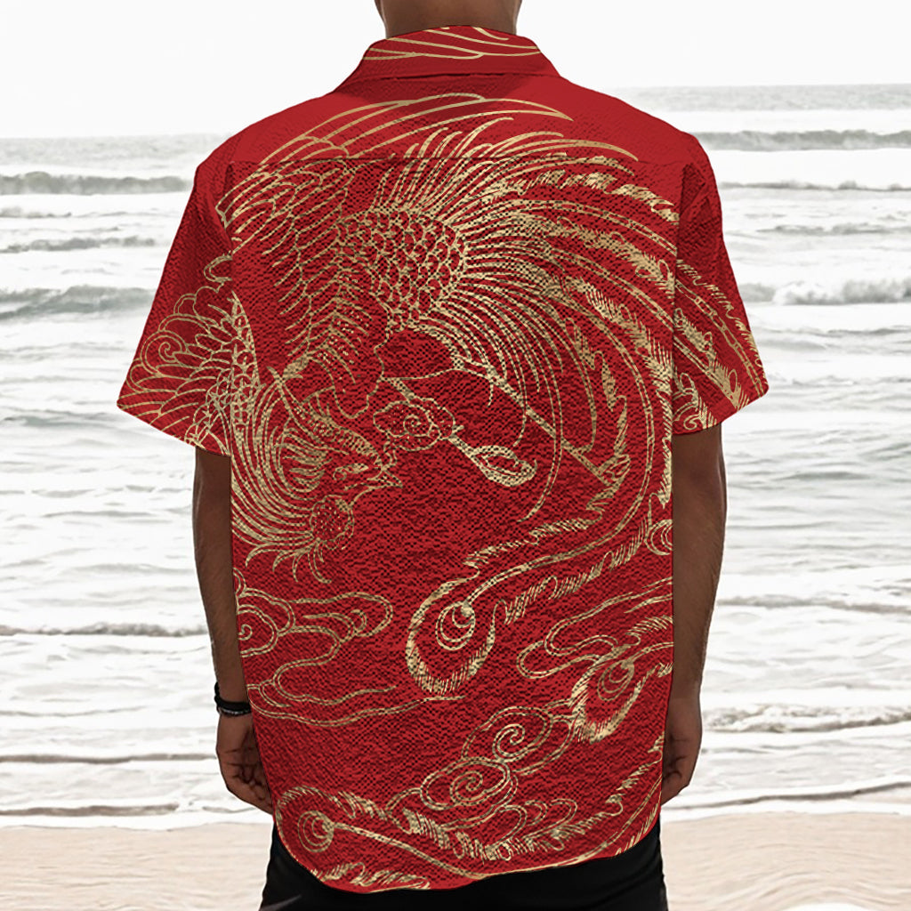 Chinese Phoenix Print Textured Short Sleeve Shirt