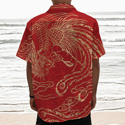 Chinese Phoenix Print Textured Short Sleeve Shirt