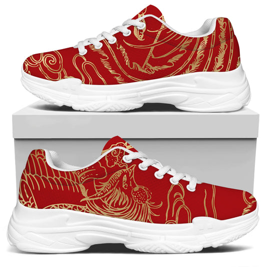Chinese Phoenix Print White Chunky Shoes