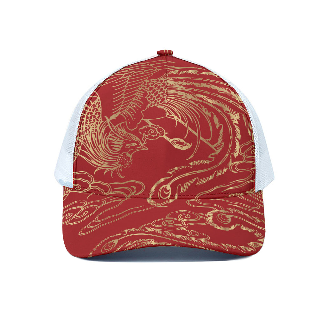 Chinese Phoenix Print White Mesh Trucker Cap