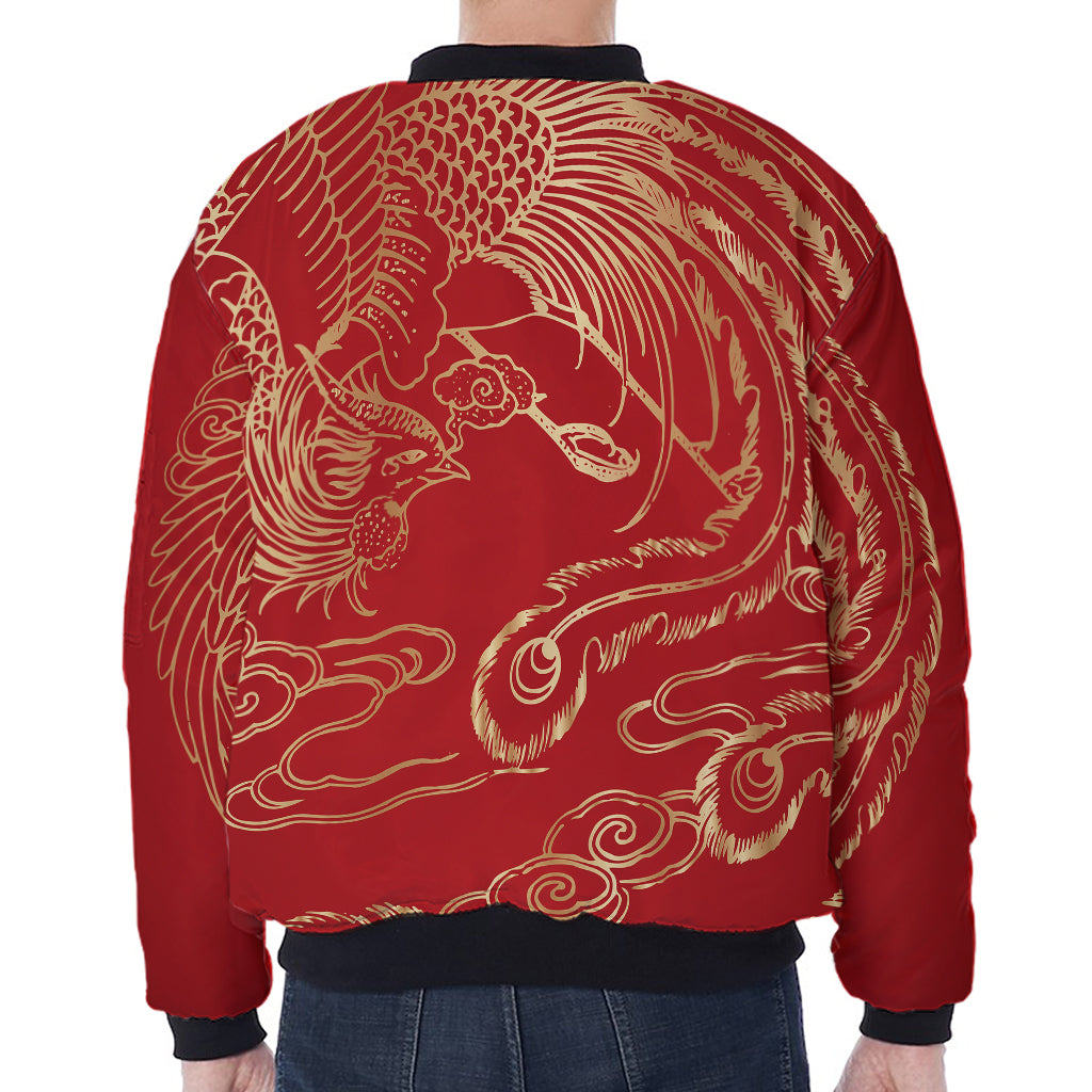 Chinese Phoenix Print Zip Sleeve Bomber Jacket
