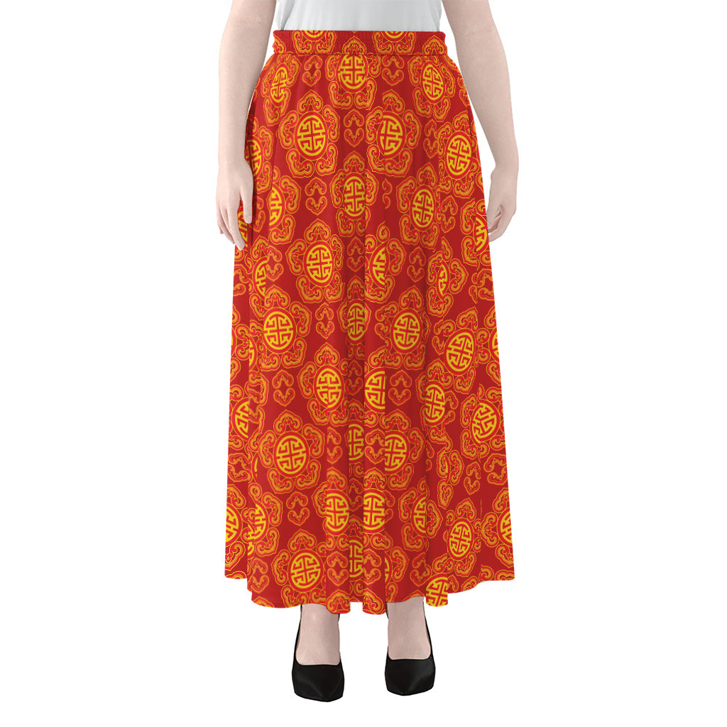 Chinese Prosperity Symbol Pattern Print Chiffon Maxi Skirt