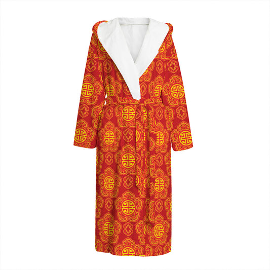 Chinese Prosperity Symbol Pattern Print Hooded Bathrobe