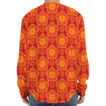Chinese Prosperity Symbol Pattern Print Long Sleeve Baseball Jersey