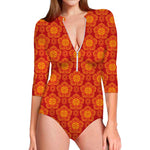 Chinese Prosperity Symbol Pattern Print Long Sleeve Swimsuit