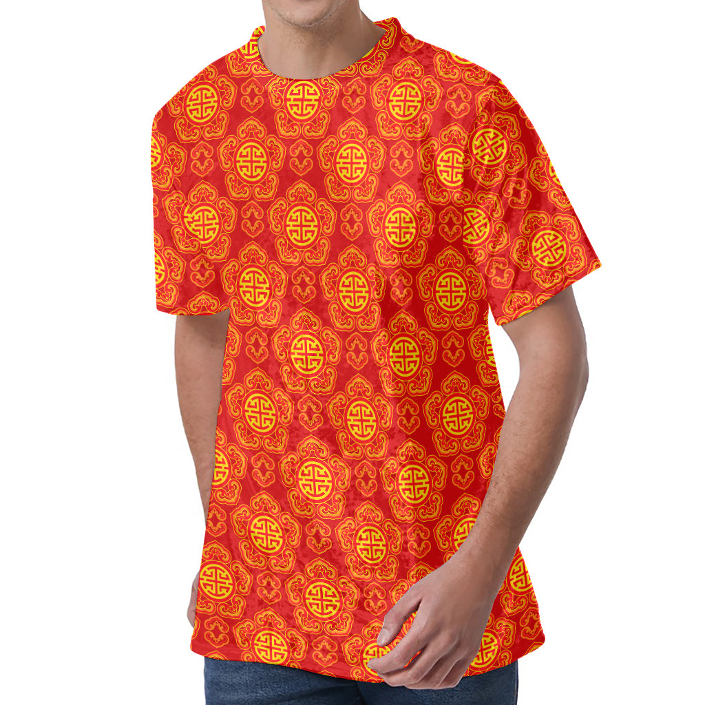 Chinese Prosperity Symbol Pattern Print Men's Velvet T-Shirt