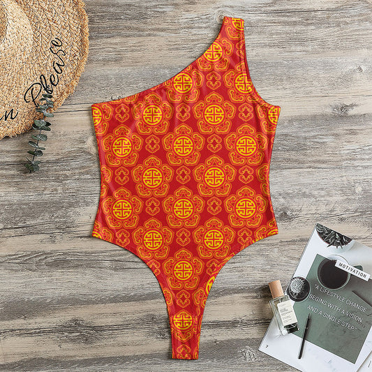 Chinese Prosperity Symbol Pattern Print One Shoulder Bodysuit