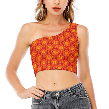 Chinese Prosperity Symbol Pattern Print One Shoulder Crop Top
