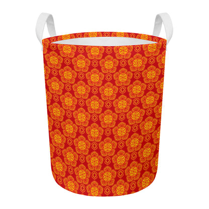 Chinese Prosperity Symbol Pattern Print Round Laundry Basket