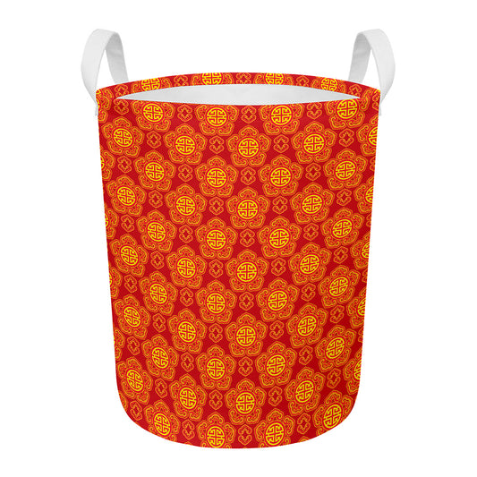 Chinese Prosperity Symbol Pattern Print Round Laundry Basket