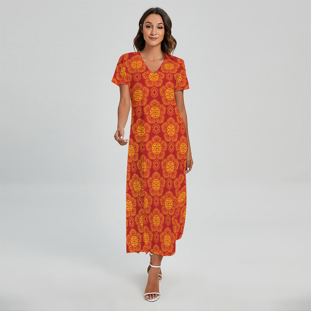 Chinese Prosperity Symbol Pattern Print Short Sleeve Maxi Dress