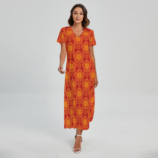 Chinese Prosperity Symbol Pattern Print Short Sleeve Maxi Dress