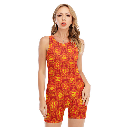 Chinese Prosperity Symbol Pattern Print Sleeveless One Piece Swimsuit