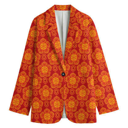 Chinese Prosperity Symbol Pattern Print Women's Cotton Blazer