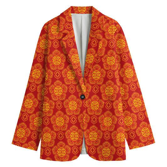 Chinese Prosperity Symbol Pattern Print Women's Cotton Blazer