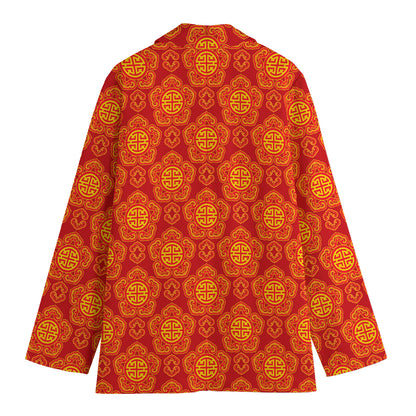 Chinese Prosperity Symbol Pattern Print Women's Cotton Blazer