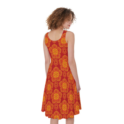 Chinese Prosperity Symbol Pattern Print Women's Sleeveless Dress
