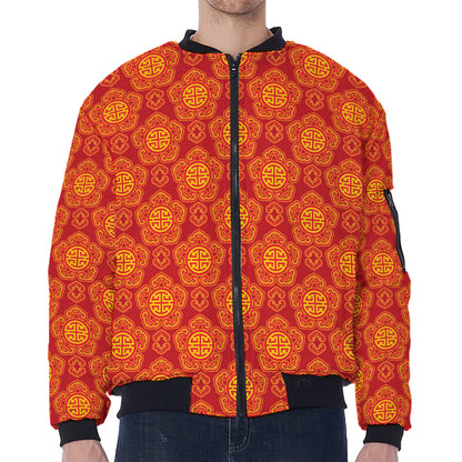 Chinese Prosperity Symbol Pattern Print Zip Sleeve Bomber Jacket