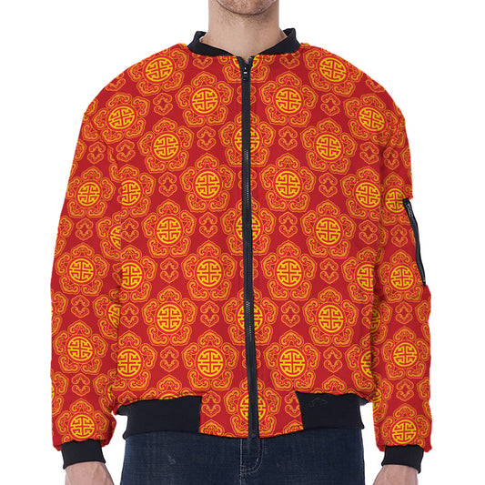 Chinese Prosperity Symbol Pattern Print Zip Sleeve Bomber Jacket