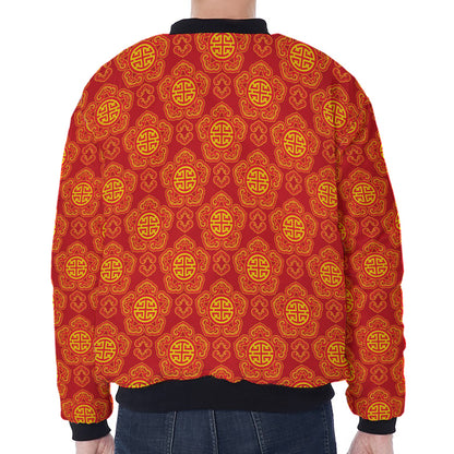 Chinese Prosperity Symbol Pattern Print Zip Sleeve Bomber Jacket