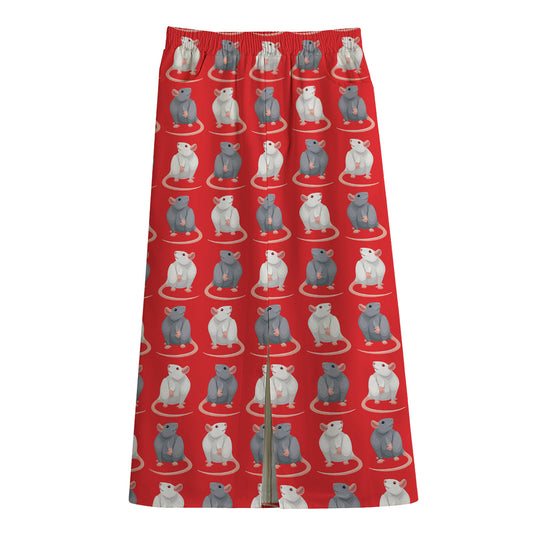 Chinese Rat Zodiac Pattern Print Cotton Front Slit Maxi Skirt