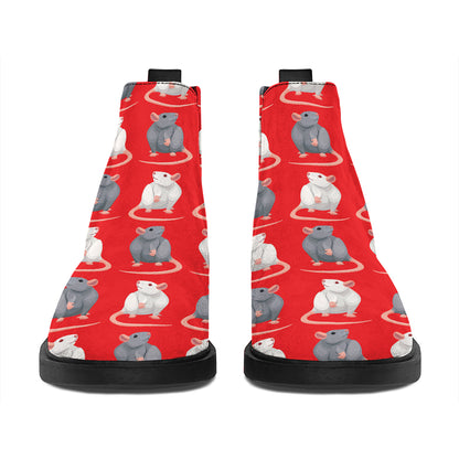 Chinese Rat Zodiac Pattern Print Flat Ankle Boots