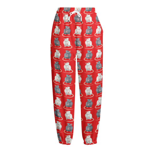 Chinese Rat Zodiac Pattern Print Fleece Lined Knit Pants