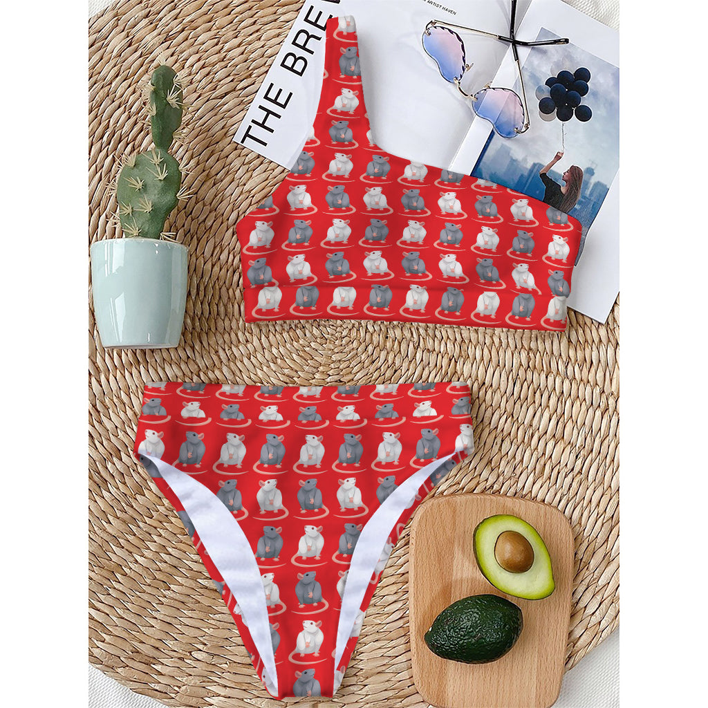 Chinese Rat Zodiac Pattern Print One Shoulder Bikini Top