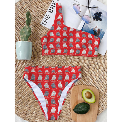 Chinese Rat Zodiac Pattern Print One Shoulder Bikini Top