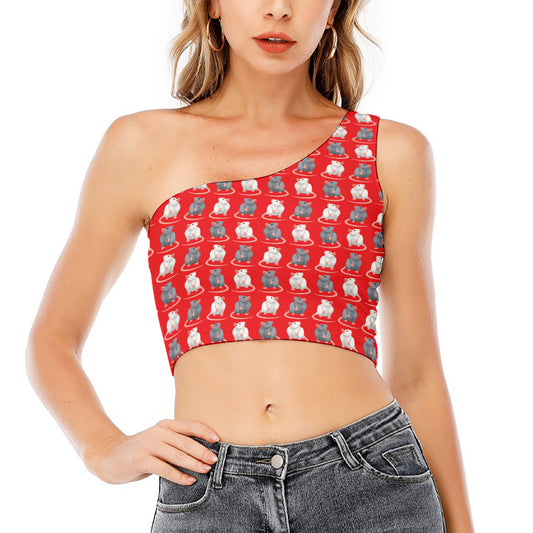 Chinese Rat Zodiac Pattern Print One Shoulder Crop Top