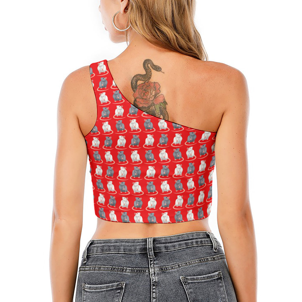 Chinese Rat Zodiac Pattern Print One Shoulder Crop Top