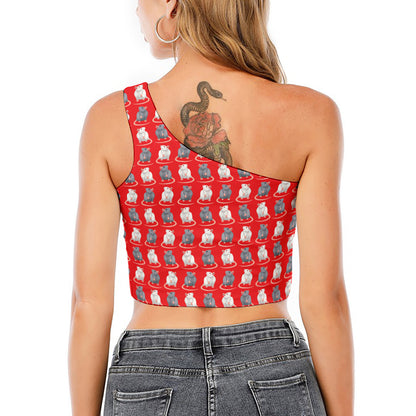 Chinese Rat Zodiac Pattern Print One Shoulder Crop Top