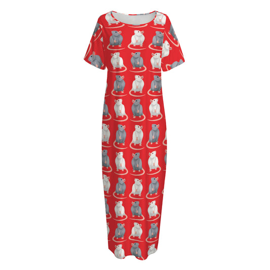 Chinese Rat Zodiac Pattern Print Short Sleeve Long Nightdress