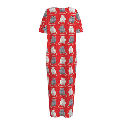 Chinese Rat Zodiac Pattern Print Short Sleeve Long Nightdress