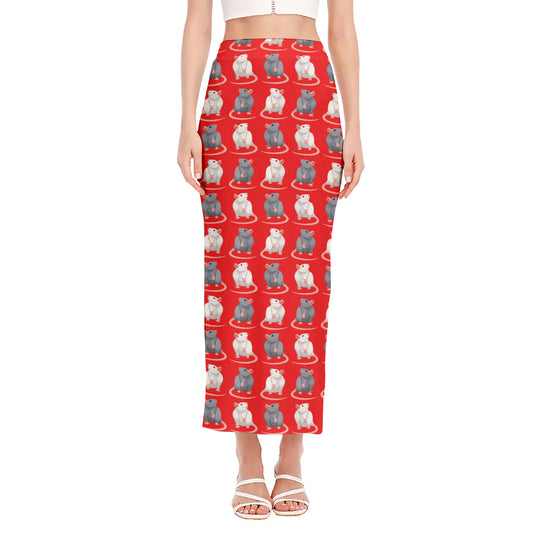 Chinese Rat Zodiac Pattern Print Side Slit Maxi Skirt