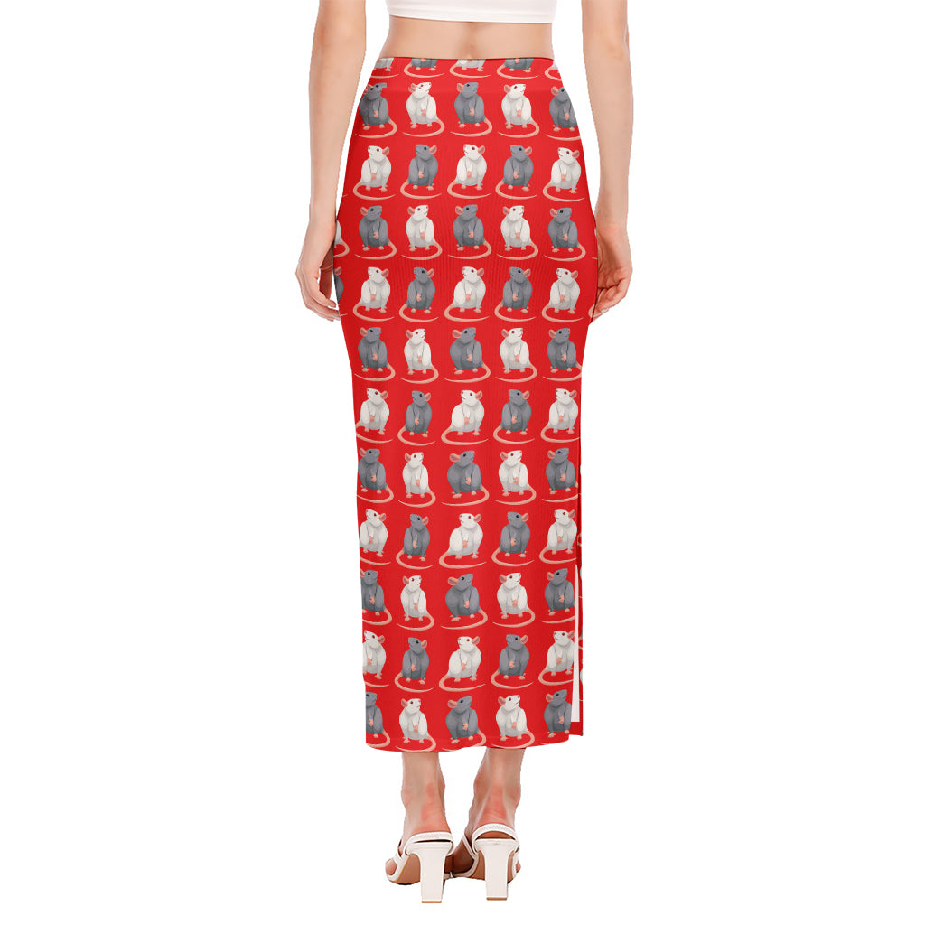 Chinese Rat Zodiac Pattern Print Side Slit Maxi Skirt
