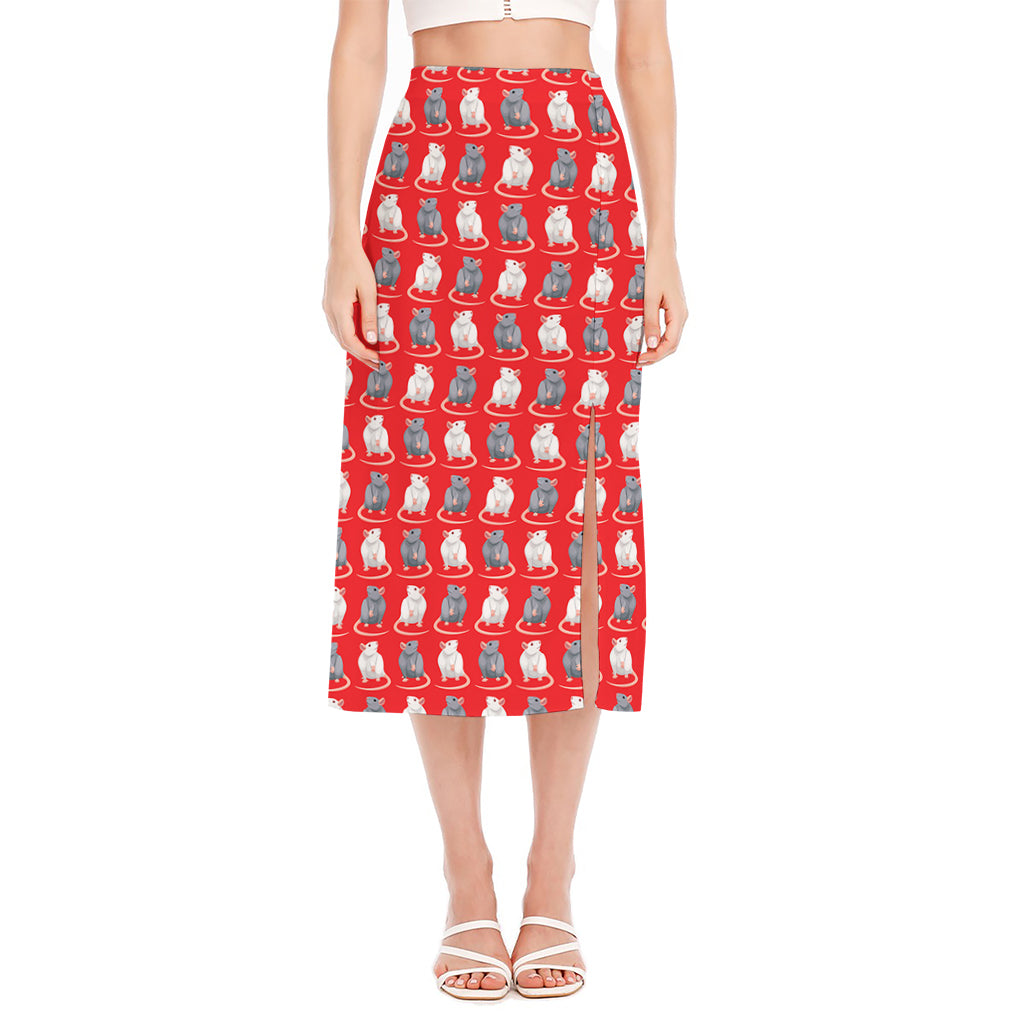 Chinese Rat Zodiac Pattern Print Side Slit Midi Skirt