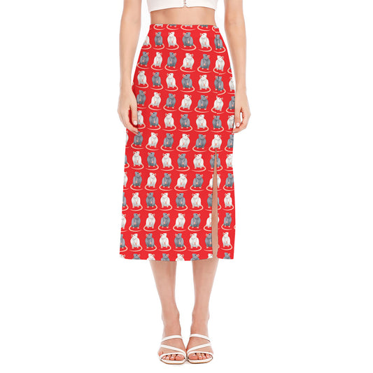Chinese Rat Zodiac Pattern Print Side Slit Midi Skirt