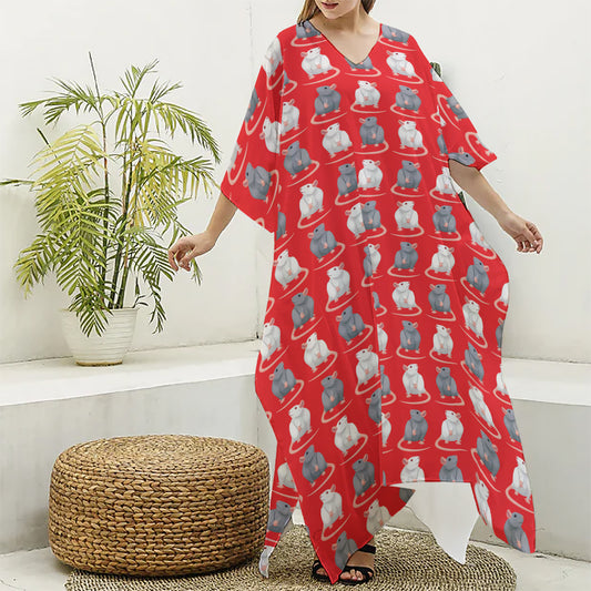 Chinese Rat Zodiac Pattern Print Silk V-Neck Kaftan Dress