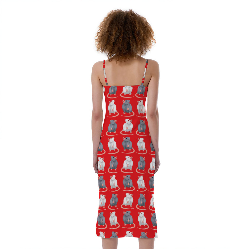 Chinese Rat Zodiac Pattern Print Slim Fit Midi Cami Dress