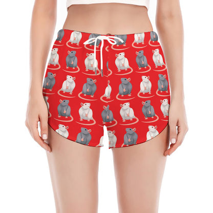 Chinese Rat Zodiac Pattern Print Women's Split Running Shorts