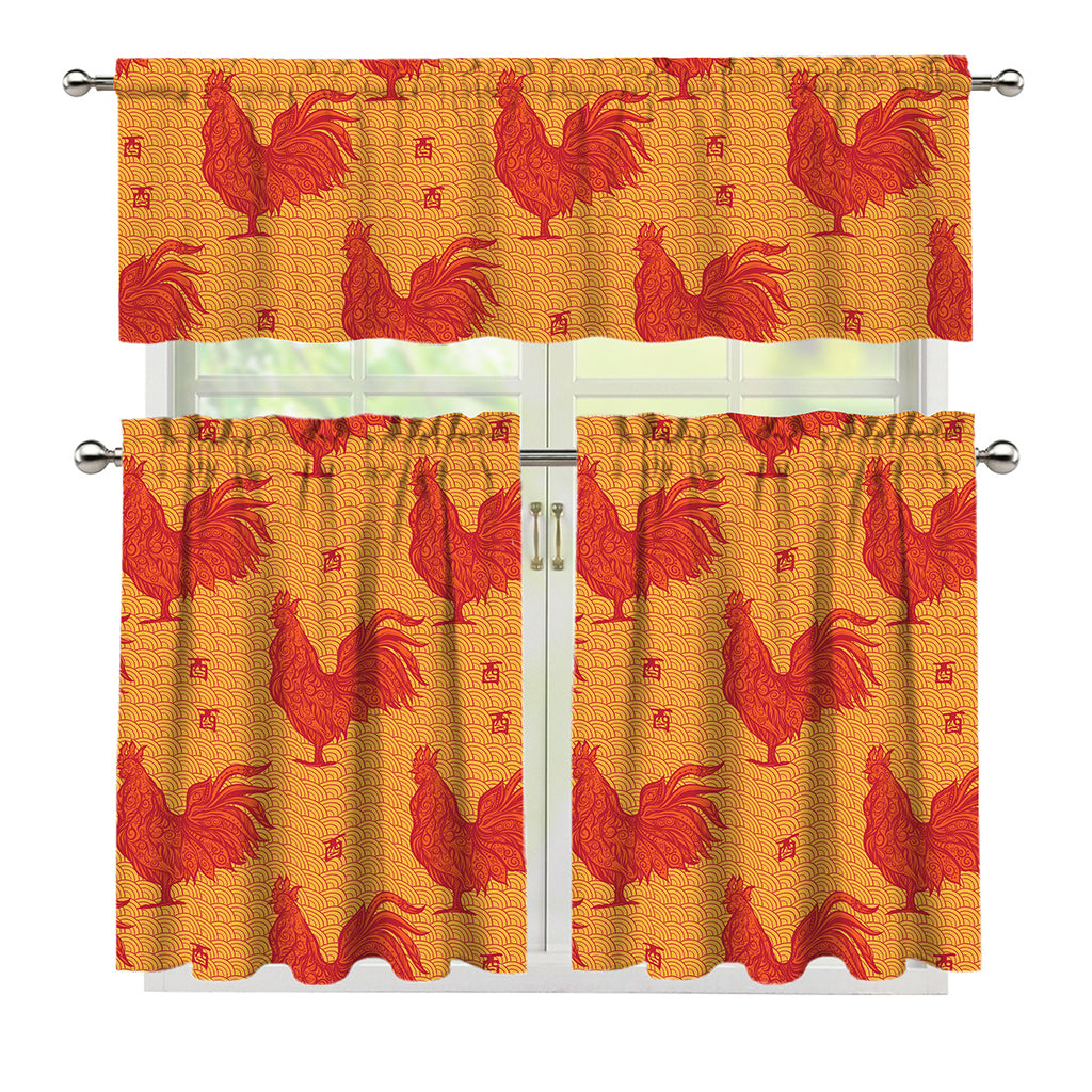 Chinese Rooster Pattern Print 3 Piece Kitchen Curtains