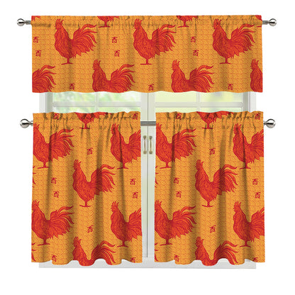 Chinese Rooster Pattern Print 3 Piece Kitchen Curtains
