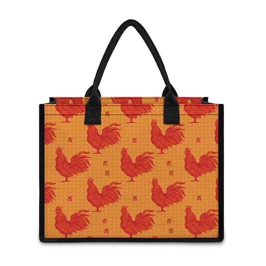 Chinese Rooster Pattern Print Canvas Tote Bag