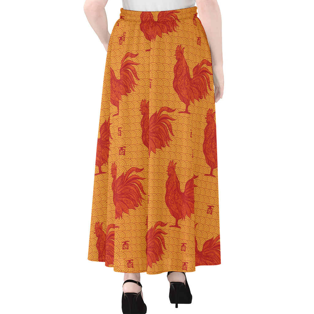 Chinese Rooster Pattern Print Chiffon Maxi Skirt