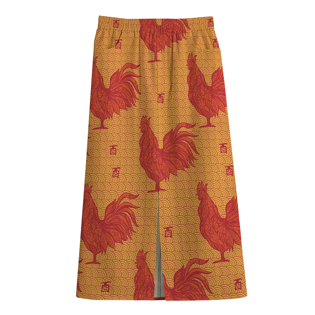 Chinese Rooster Pattern Print Cotton Front Slit Maxi Skirt