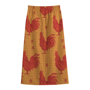 Chinese Rooster Pattern Print Cotton Front Slit Maxi Skirt