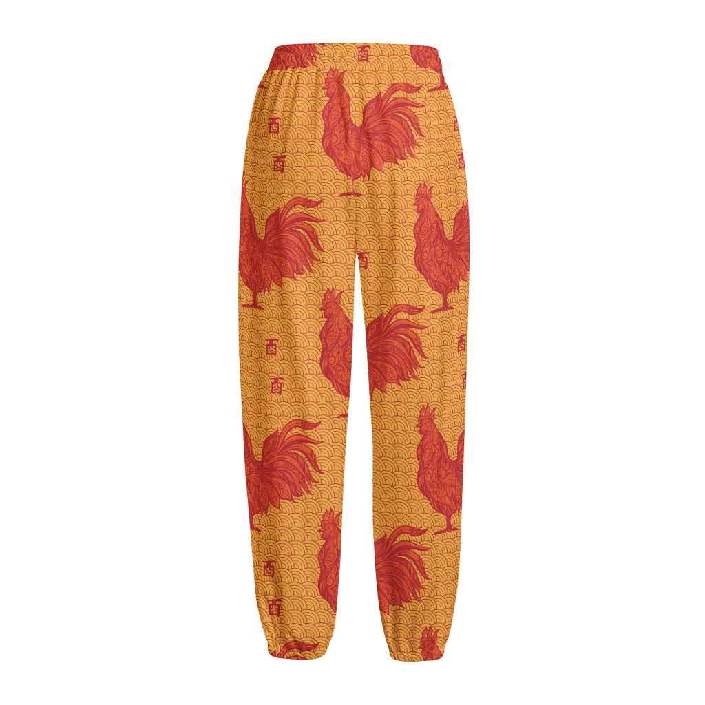 Chinese Rooster Pattern Print Fleece Lined Knit Pants